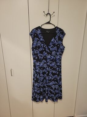 Anne Klein Black with Blue Floral Wrap-Style Midi Dress